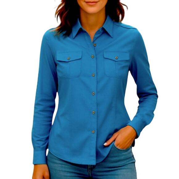 TORY BURCH Brigitte Tab Sleeve Button Up Shirt Sz 0 Blue Classic Office Timeless - Picture 2 of 12